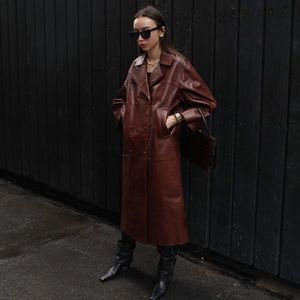 GANNI CROPPED SLEEVE DOUBLE BREASTED LEATHER COAT